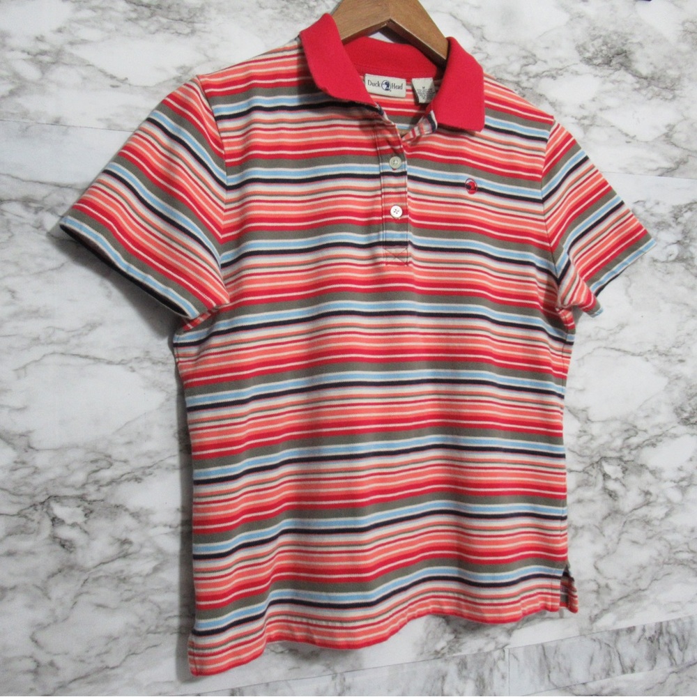 Duck Head Y2K Cropped Striped Red Polo Shirt Size Medium